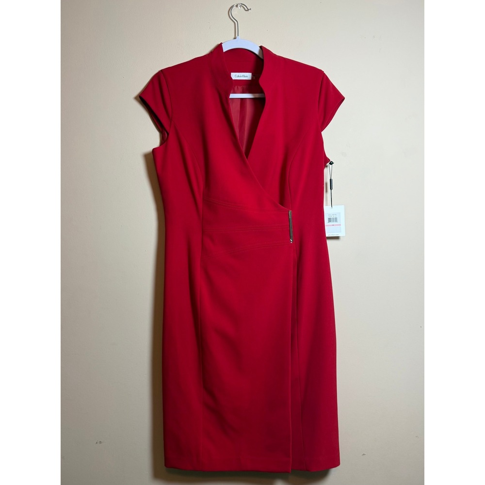 Calvin Klein Red Faux Wrap Sheath Dress Mock Neck Cap Sleeve Gold Bar Sz 10 NWT